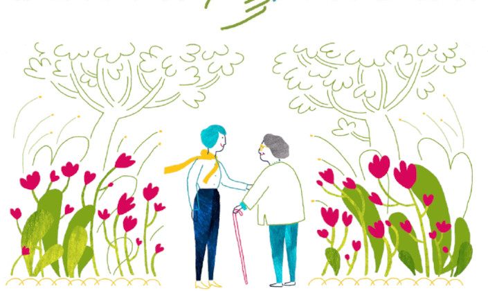 Dessin repressentant deux personnes dont une dame âgée dans un jardin, entourées de fleurs rouges