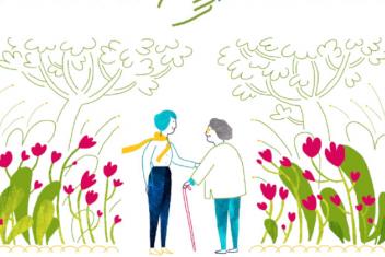 Dessin repressentant deux personnes dont une dame âgée dans un jardin, entourées de fleurs rouges