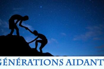 Logo de l'emission générations aidants : de nuit, en contre jour, une personne hisse une autre personne au sommet d'une montagne.