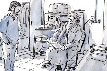 Dessin représentant un soignant debout devant une personne âgée assise, dans une chambre médicalisée.